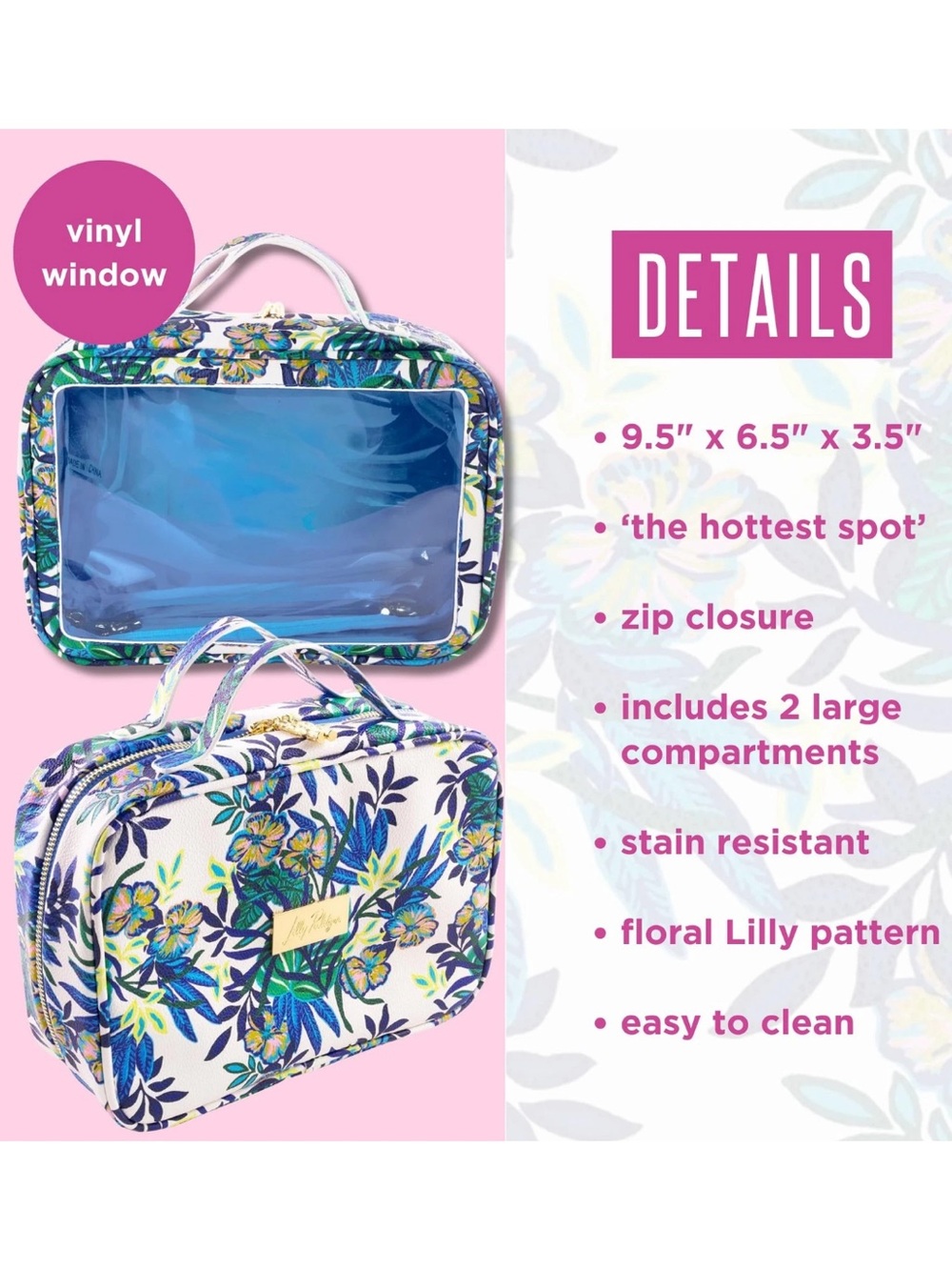 Lilly Pulitzer White Floral Travel Cosmetic Case in Blue & Green